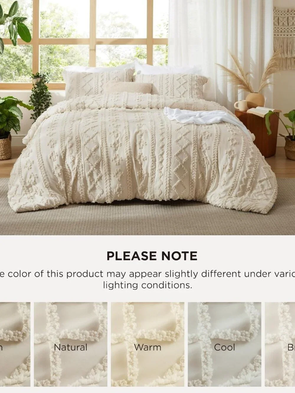 Tufted Boho Comforter Set Queen Size - Beige Boho Bed Set, GentleSoft 3 Pieces F